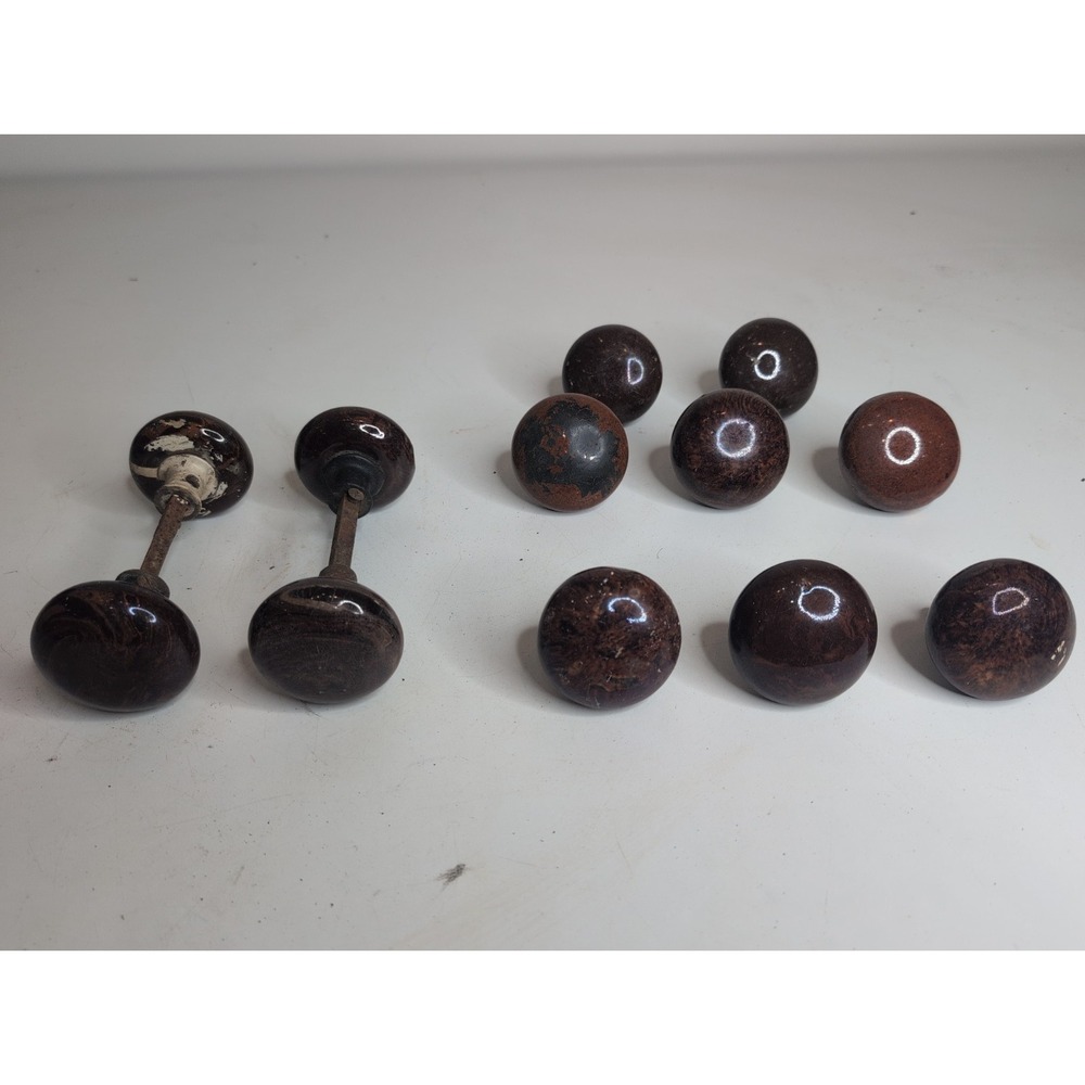Lot of 12 Rare 1800s Antique Brown Tiger Eye Swirl Door Knobs Vintage